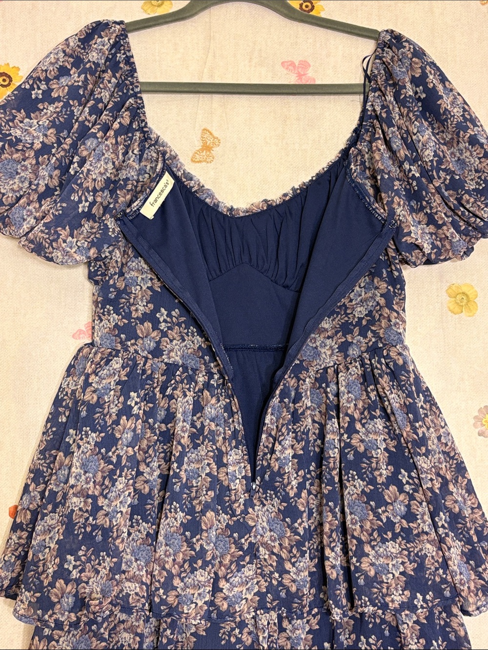 Francesca's Collections - Navy Floral Tiered Mini Dress with Puff Sleeves - Picture 9 of 12